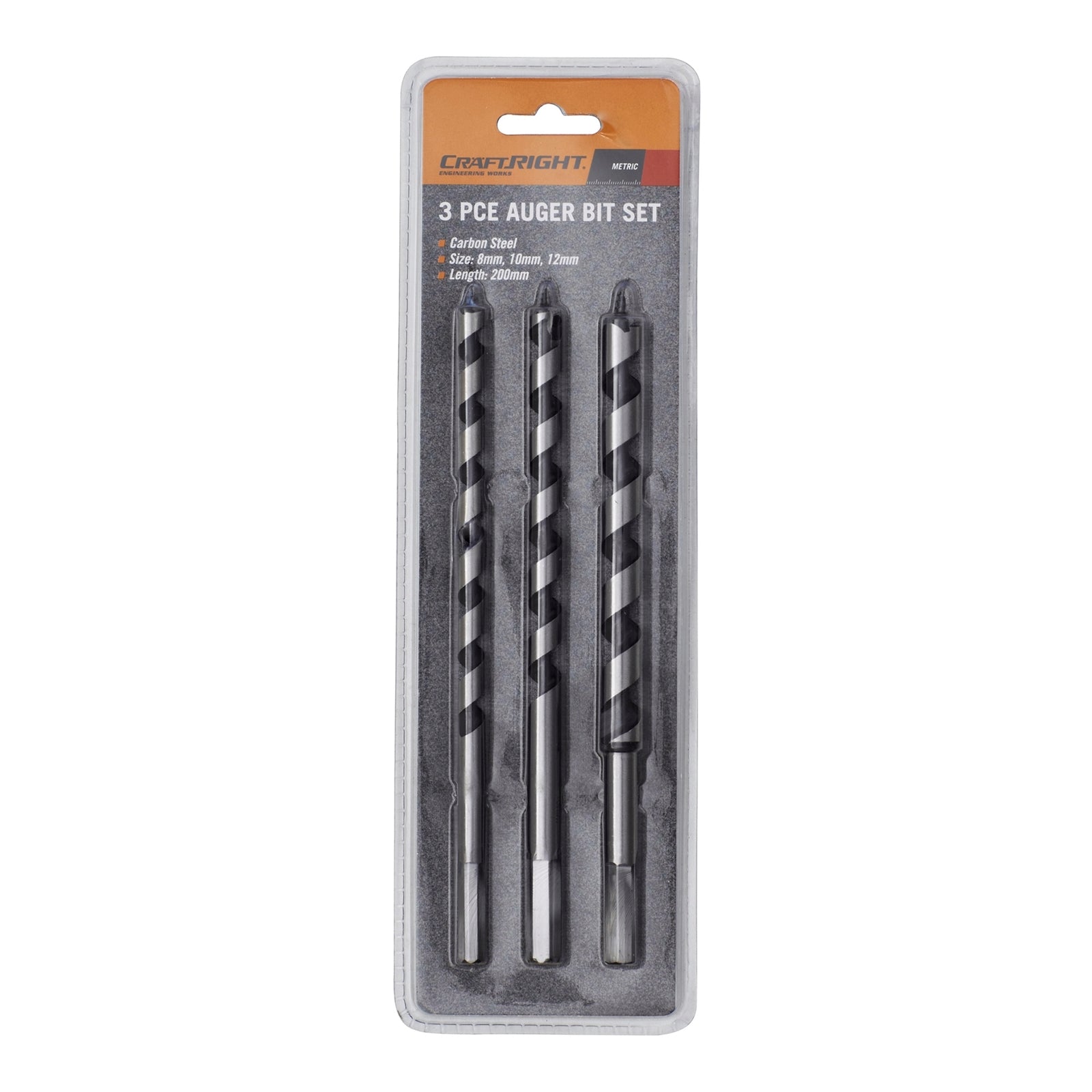 Craftright 200mm 3 Piece Auger Drill Bit Set, Carbon Steel, 140mm Depth