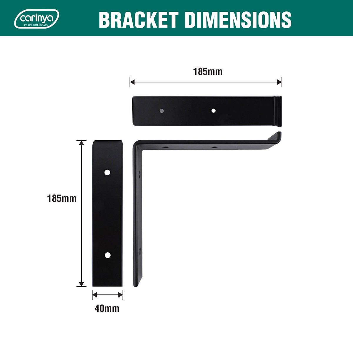 Carinya 185 x 185mm Black Powder Coated Steel Lipped Angle Bracket Wall Mount 100kg Load