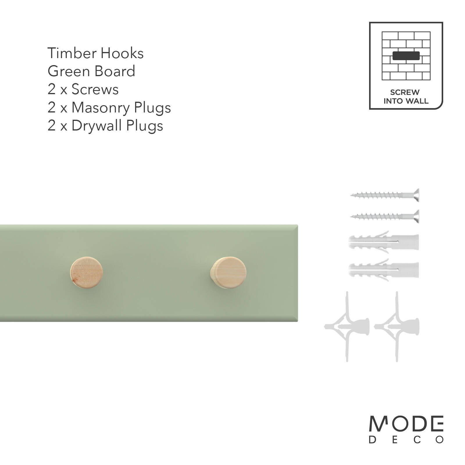 MODE 4 Timber Hooks On Green Board Key Rack 245mm Entryway Key Holder
