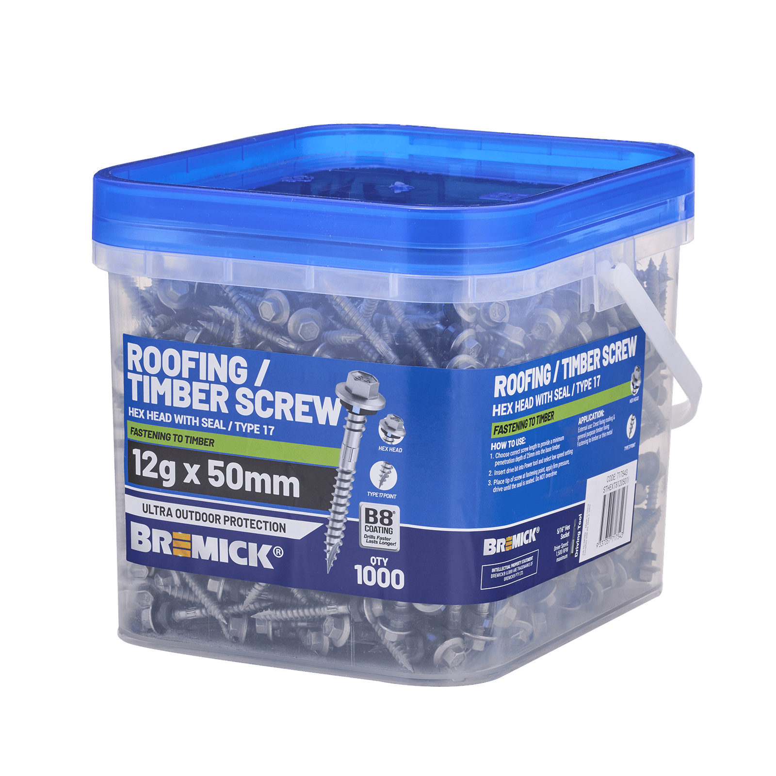 Bremick 12g x 50mm Hex Roofing Screw, Carbon Steel B8 Coating, Sealed Head Type 17 Point - 1000 Box