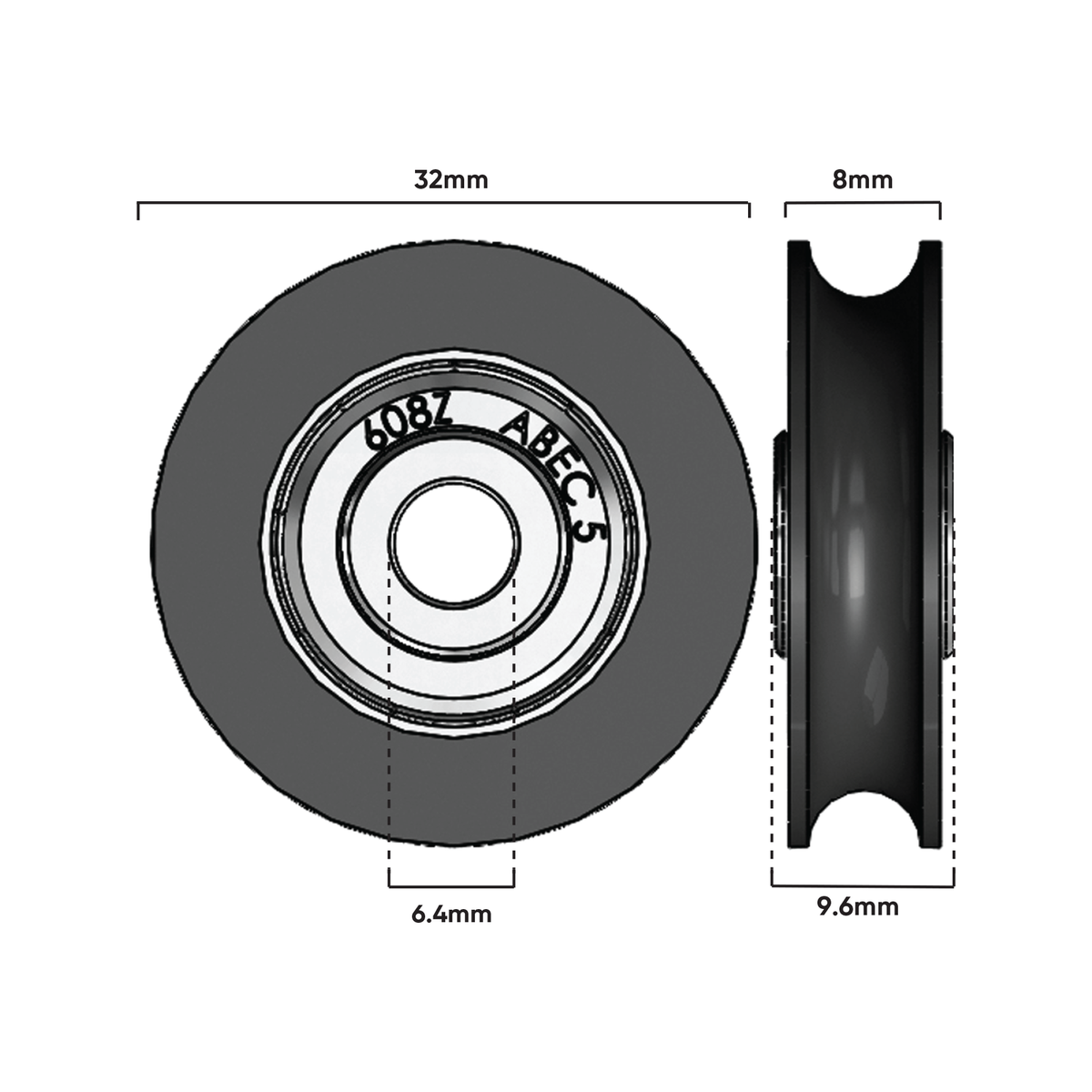 Rolltrak 32mm Black Nylon Concave Roller