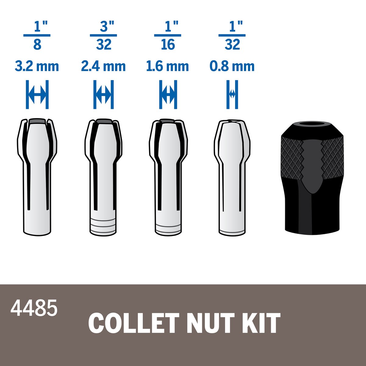 Dremel Quick Change Collet Nut Kit (4485), 5 Piece Metal Set