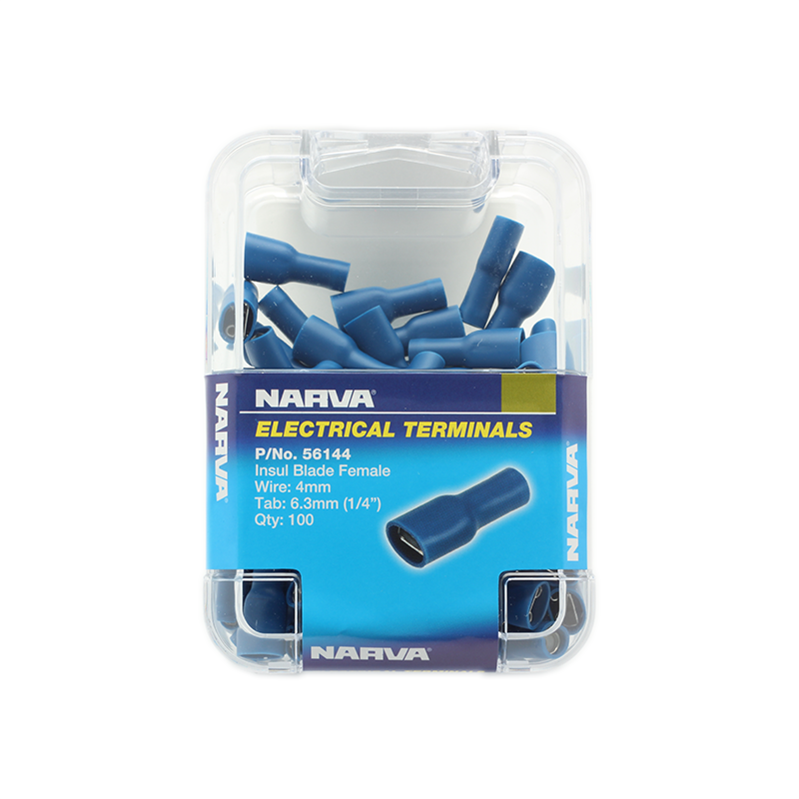 Narva Blue Double Crimped Female Fully Insulated Blade Terminal, 4mm, 6.3 x 0.8mm, 100 Pack