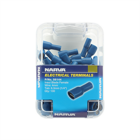 Narva Blue Double Crimped Female Fully Insulated Blade Terminal, 4mm, 6.3 x 0.8mm, 100 Pack