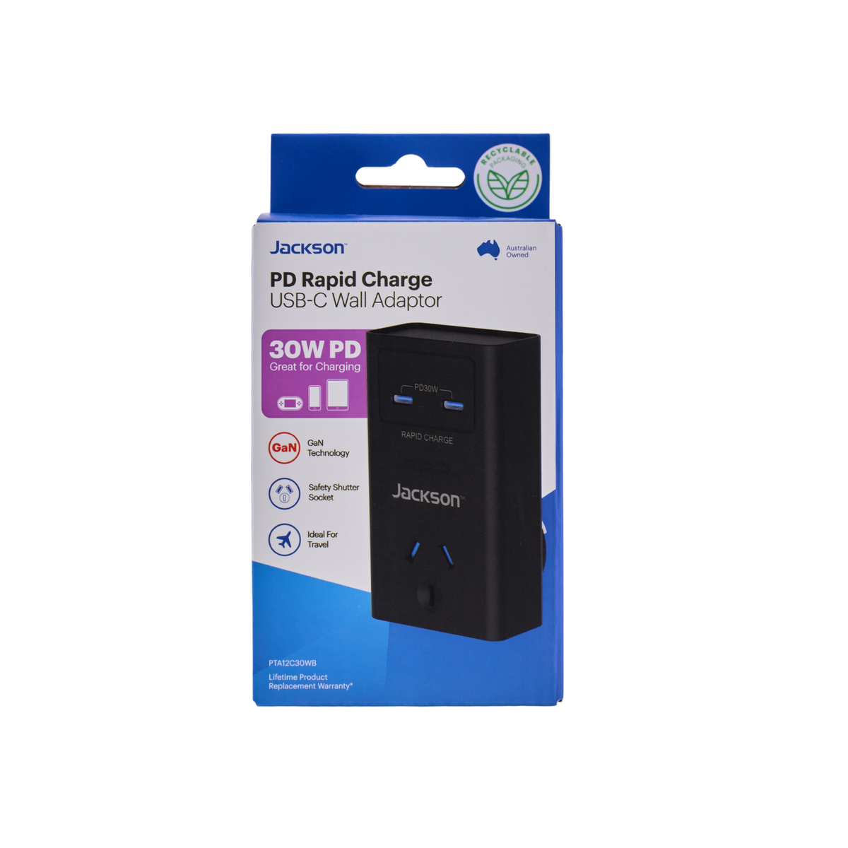 Jackson 1 Outlet Wall Adaptor with USB-C PD30W x2, White