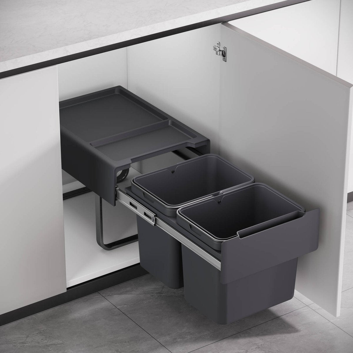 Kaboodle 2 x 15L Grey Base Mount Pullout Bin to Suit 400mm Cabinet W-62031