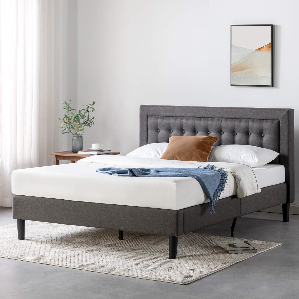 Zinus Dachelle queen upholstered bed frame - dark grey fabric, metal frame, 5 year warranty - AU-CSPB-Q