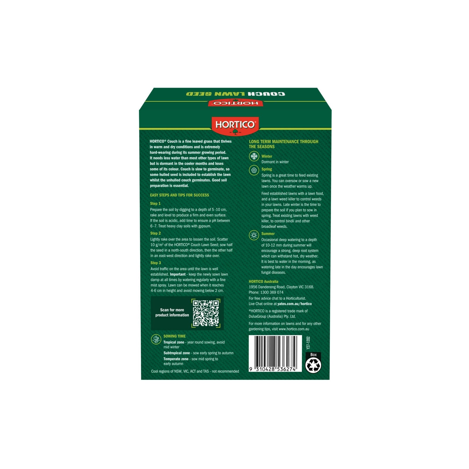 Hortico 500g Couch Lawn Seed, Drought Tolerant Warm Season Grass, Covers 50sqm