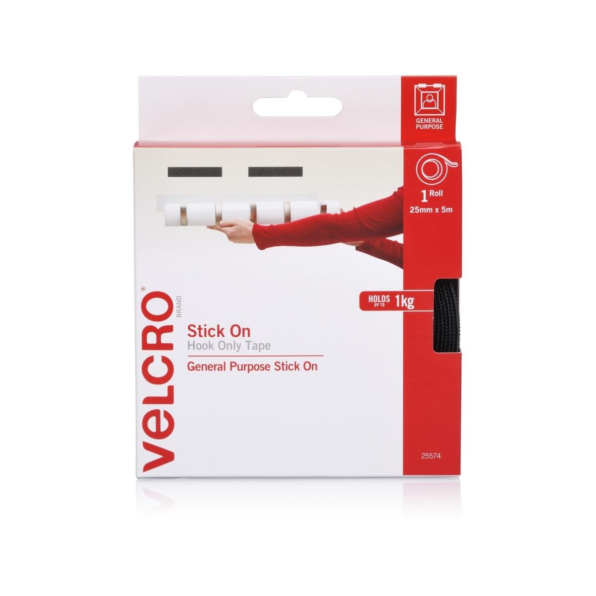 Velcro Brand Stick On Hook Only Tape, 25mm x 5m, Black, Indoor