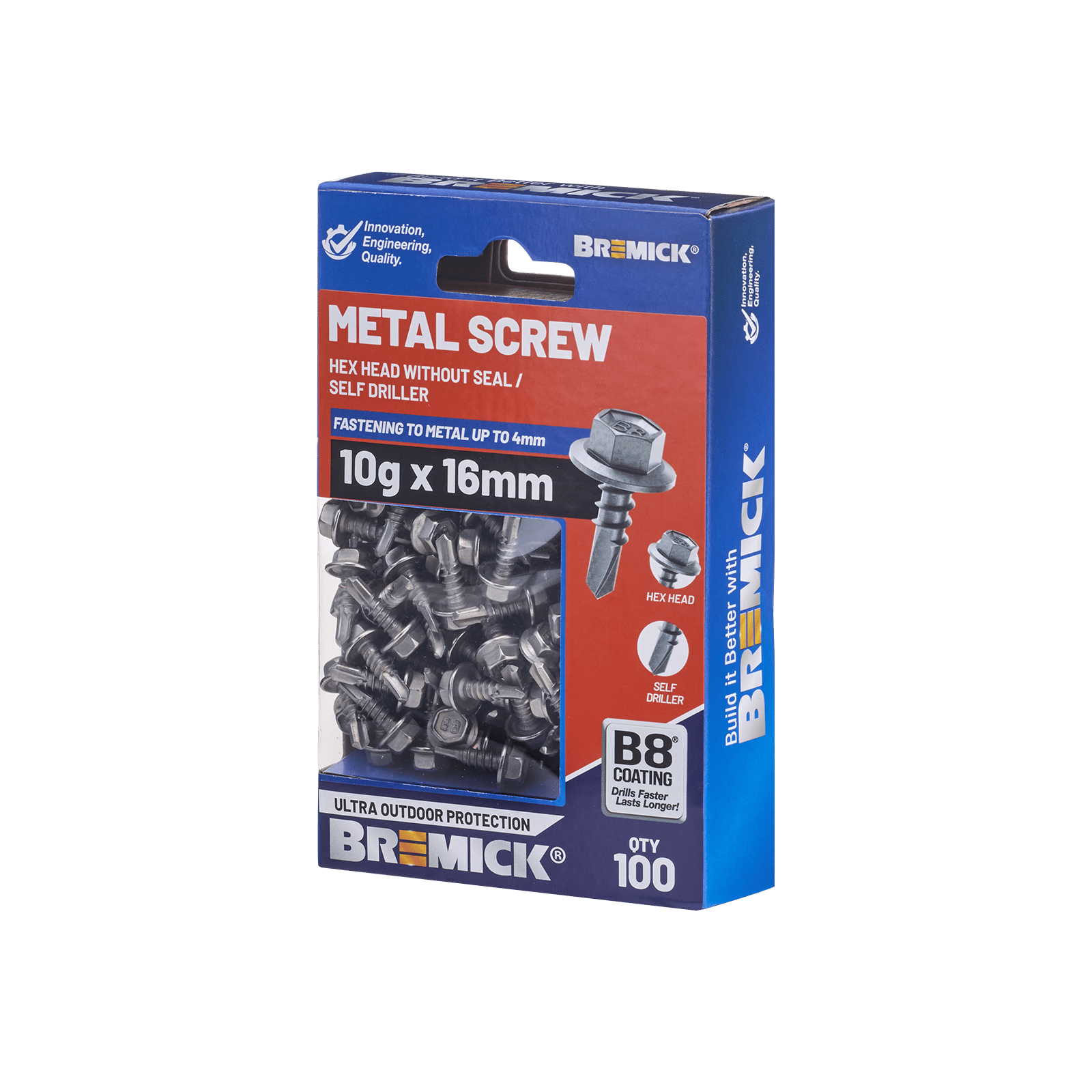 Bremick 10g x 16mm Hex Metal Screw, Carbon Steel B8 Coating, Drill Point Fine Thread - 100 Box
