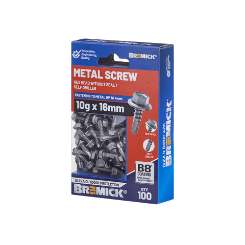 Bremick 10g x 16mm Hex Metal Screw, Carbon Steel B8 Coating, Drill Point Fine Thread - 100 Box