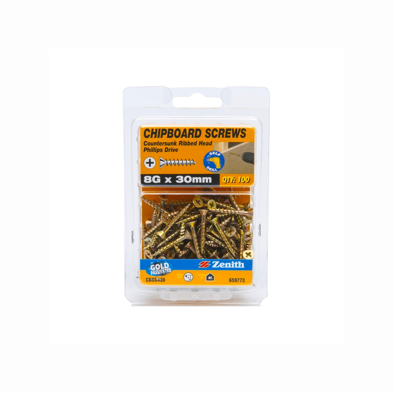 Zenith 8G x 30mm Gold Countersunk Rib Head Chipboard Screws - 100 Pack