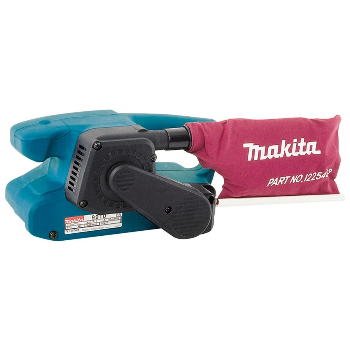 Makita 76mm (3") Belt Sander 9910SP, 270m/min Belt Speed with Dust Bag