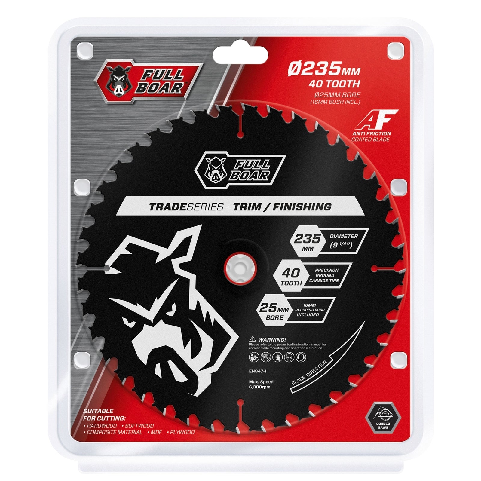 Full Boar 235mm 40T Trade Series Circular Saw Blade 25mm Bore 16mm Bush