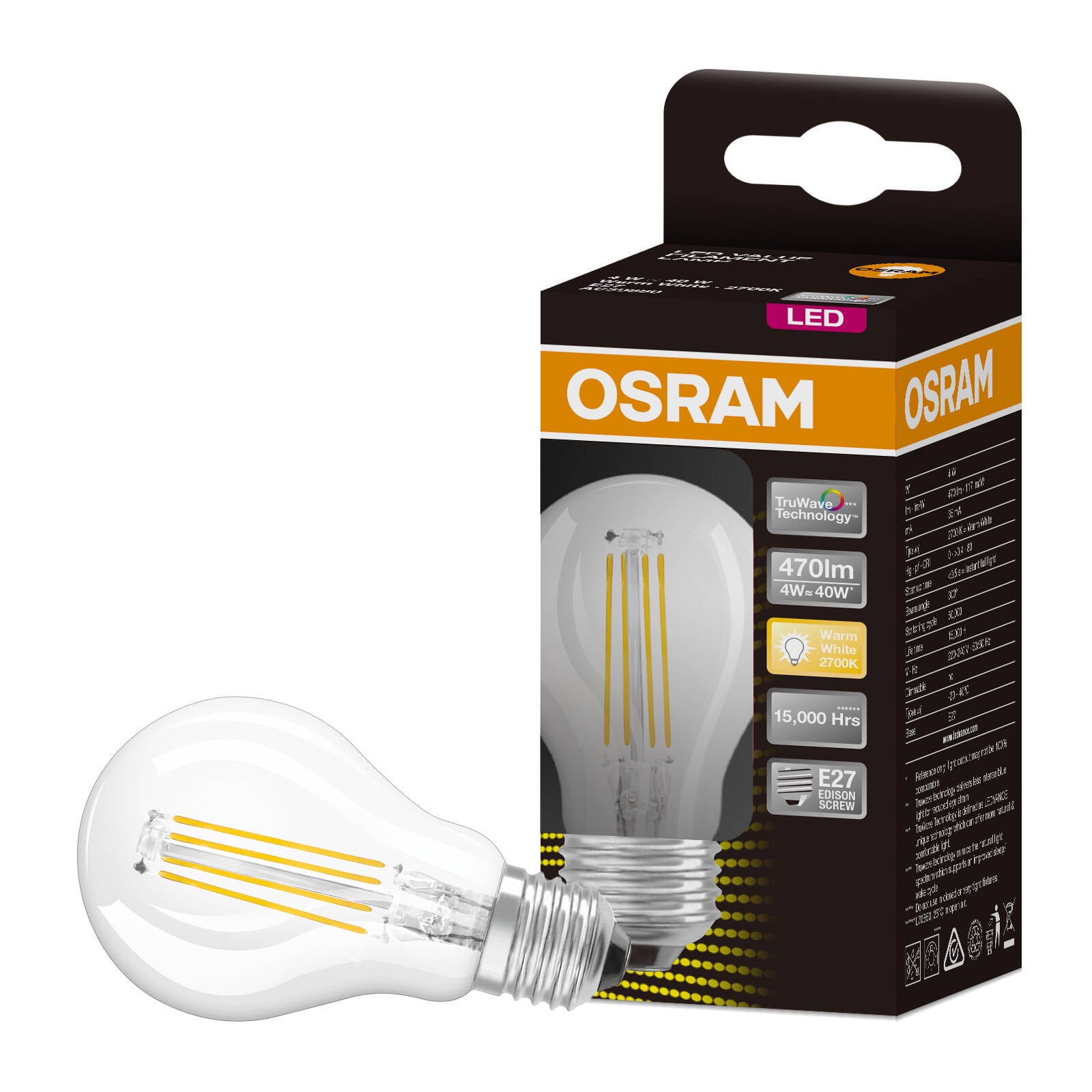 Osram 4W 470lm Warm White Fancy Round Filament LED E27 Globe 3000K