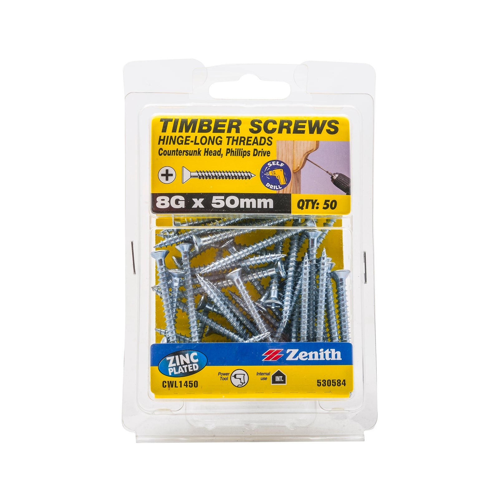 Zenith 8G x 50mm Zinc Plated Countersunk Hinge Timber Screws 50 Pack