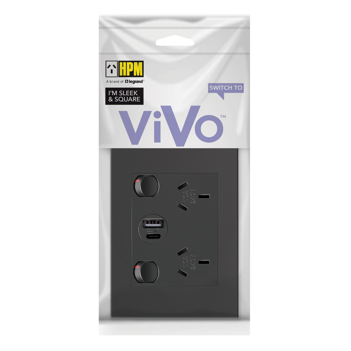 HPM Black Vivo Double Powerpoint - 2 Outlets - 15W USB Charger - SuperSaverAU - view 2
