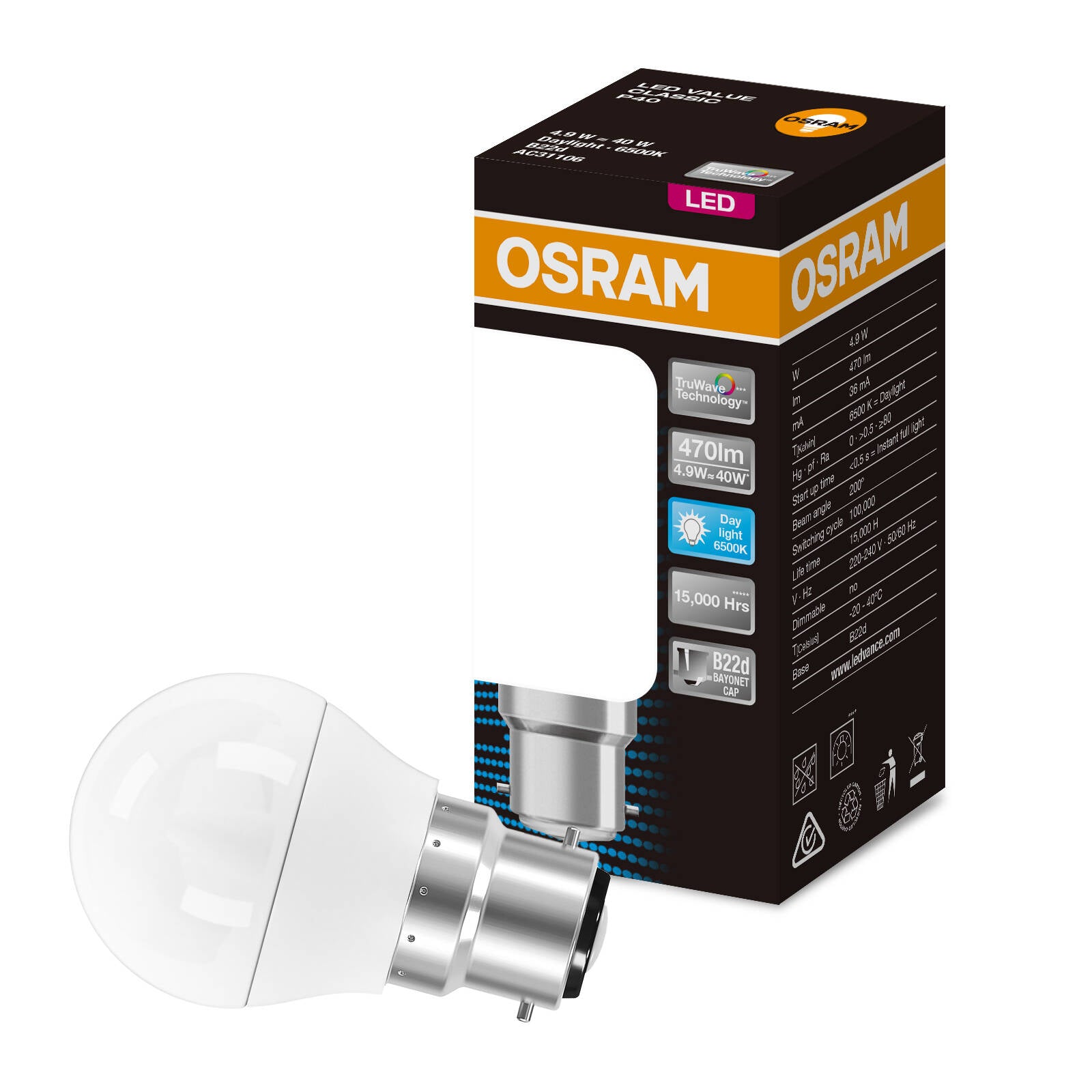 Osram Fancy Round BC LED Light Globe 4.9W 470lm 6500K Daylight Frosted