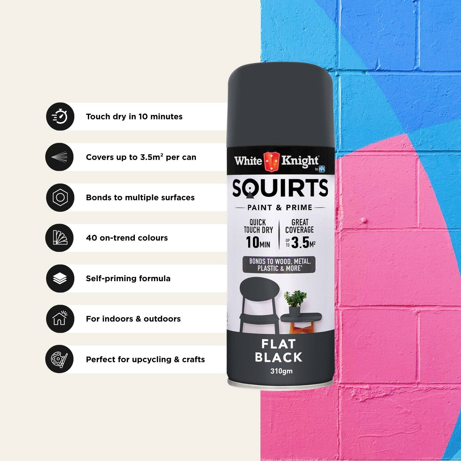 White Knight Squirts Black Flat Spray Paint 310g - Solvent-Based Paint & Primer, Waterproof