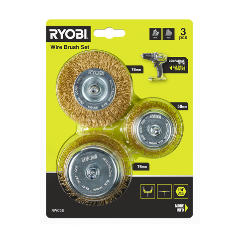 Ryobi 3 Piece Wire Brush Set - 76mm & 50mm - Rust & Paint Removal - SuperSaverAU - view 1