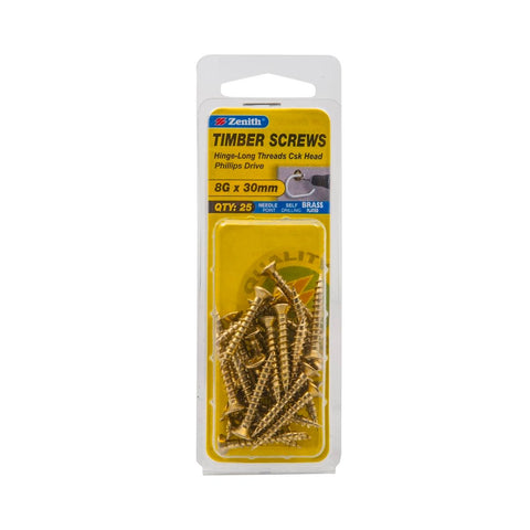 Zenith Timber Screws - 8g x 30mm - Brass Plated - Countersunk Head - 25 Pack - SuperSaverAU - view 1