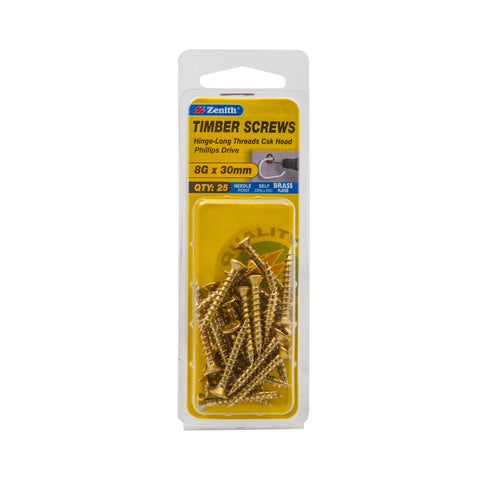 Zenith 8G x 30mm Brass Plated Countersunk Hinge-Long Thread Timber Screws - 25 Pack