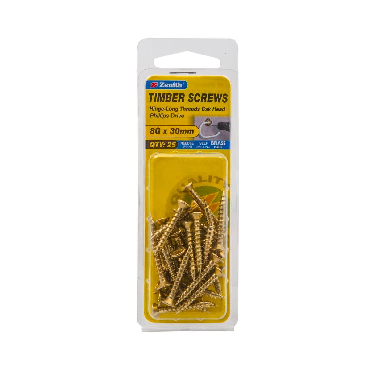 Zenith 8G x 30mm Brass Plated Countersunk Hinge-Long Thread Timber Screws - 25 Pack