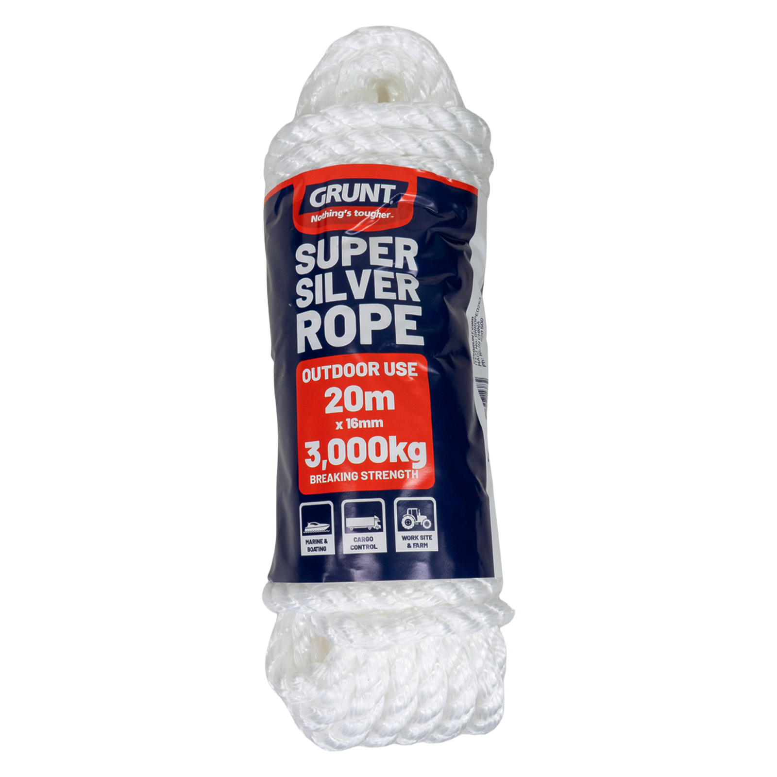 Grunt 16mm x 20m Super Silver Rope, White Polypropylene, Weather Resistant, 3000kg Break Strength