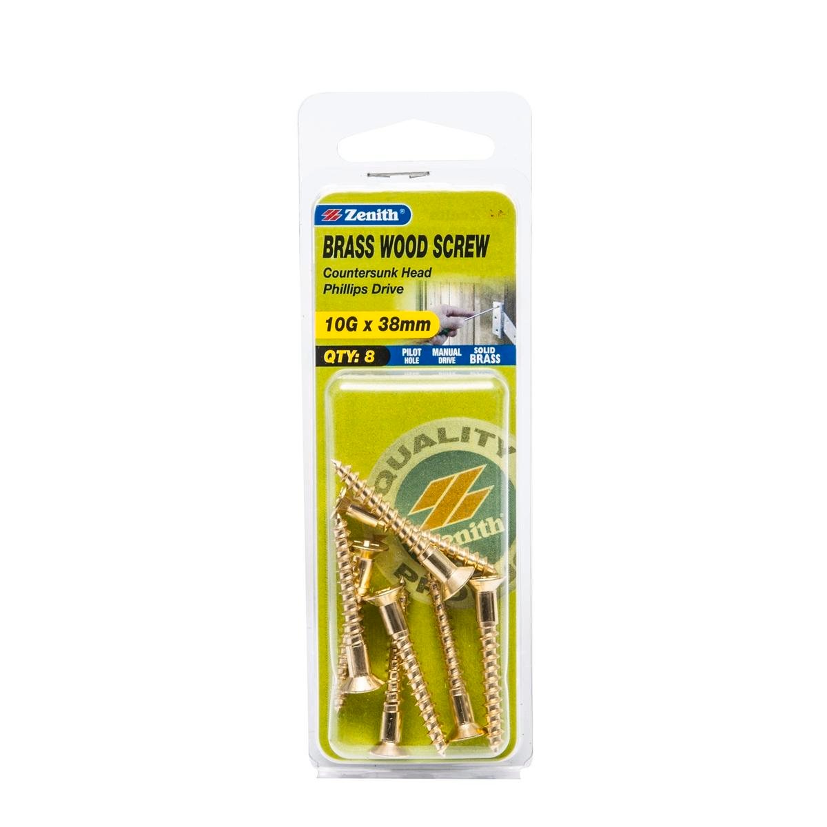 Zenith 10G x 40mm Solid Brass Countersunk Wood Screws - 8 Pack