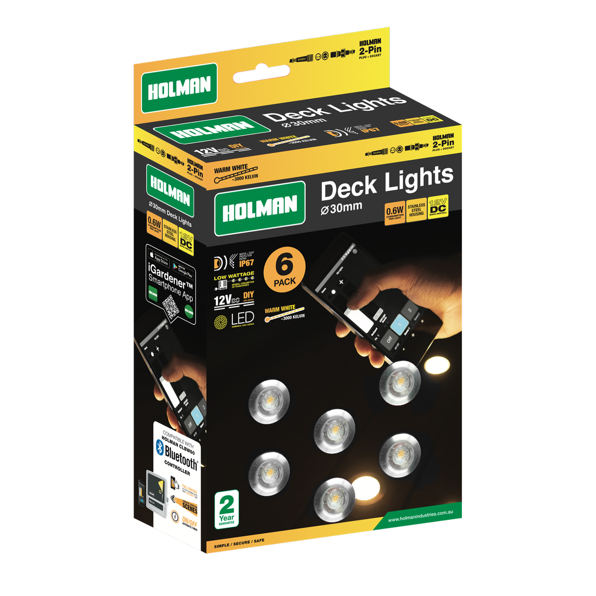 Holman 30mm 12V Warm White Outdoor Deck Light 6 Pack Waterproof DLW3006