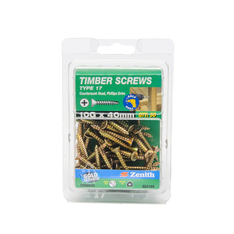 Zenith 10G x 40mm Gold Passivated Type 17 Countersunk Timber Screws - 50 Pack