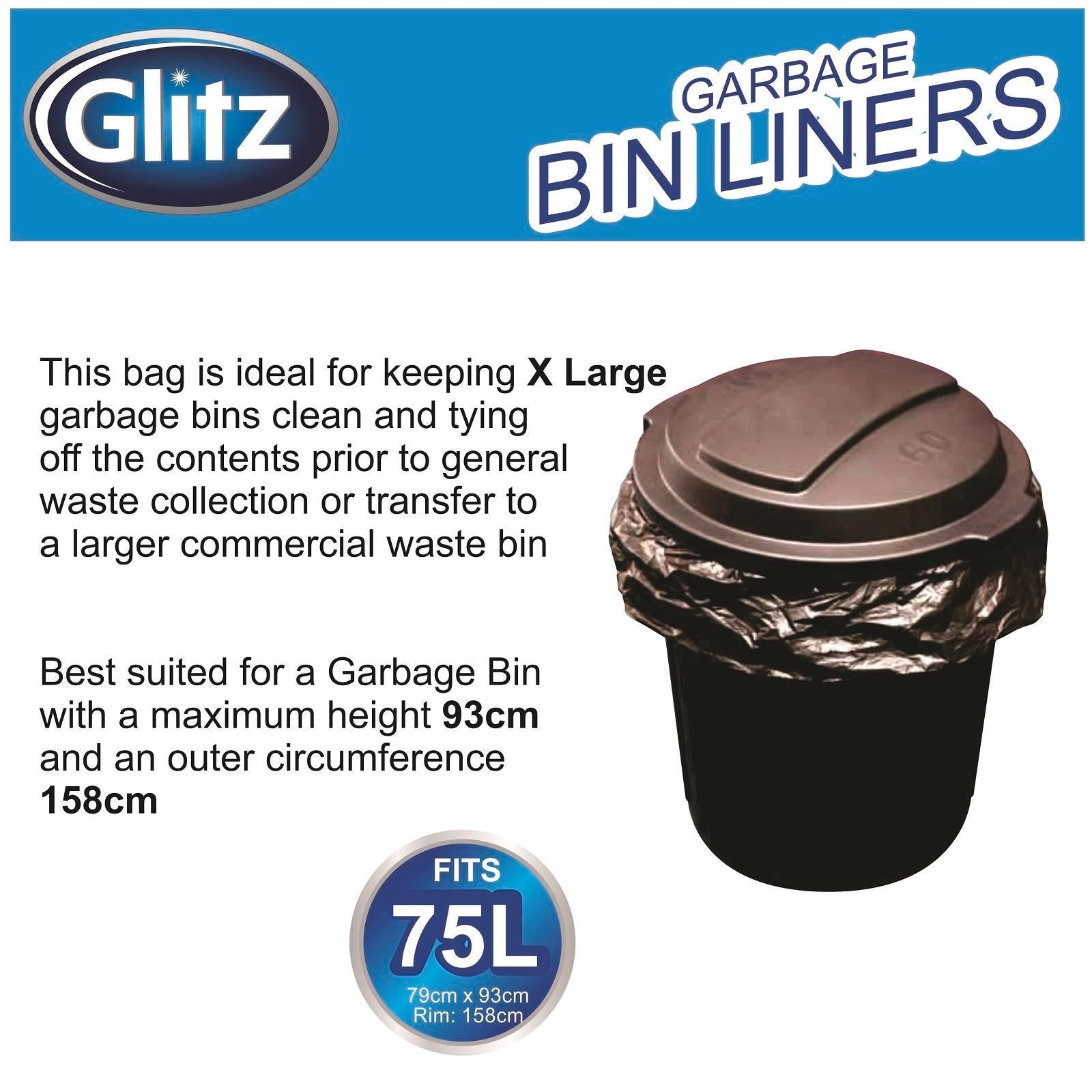 Glitz 75L Black Garbage Bags, 25 Pack, High-Density Polyethylene