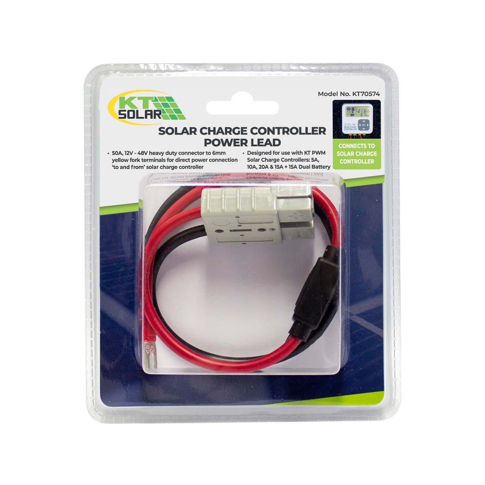 KT Solar HD 50A Connector Lead to 6mm Yellow Fork Terminals with 20A Fuse, Grey