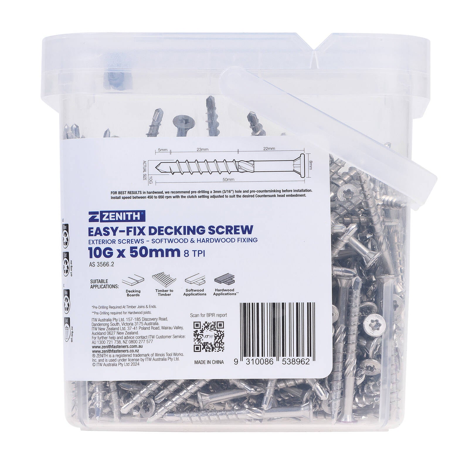 Zenith Easy-Fix Decking Screw T20 10G x 50mm SS304 Stainless, 500 Pack