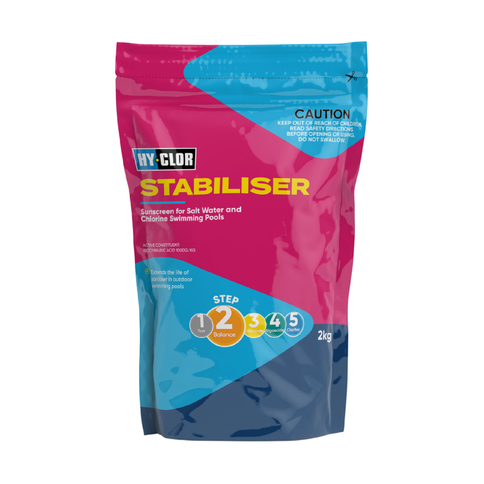 Hy-Clor Pool Stabiliser 2kg Isocyanuric Acid Granules UV Protection Soft Pack