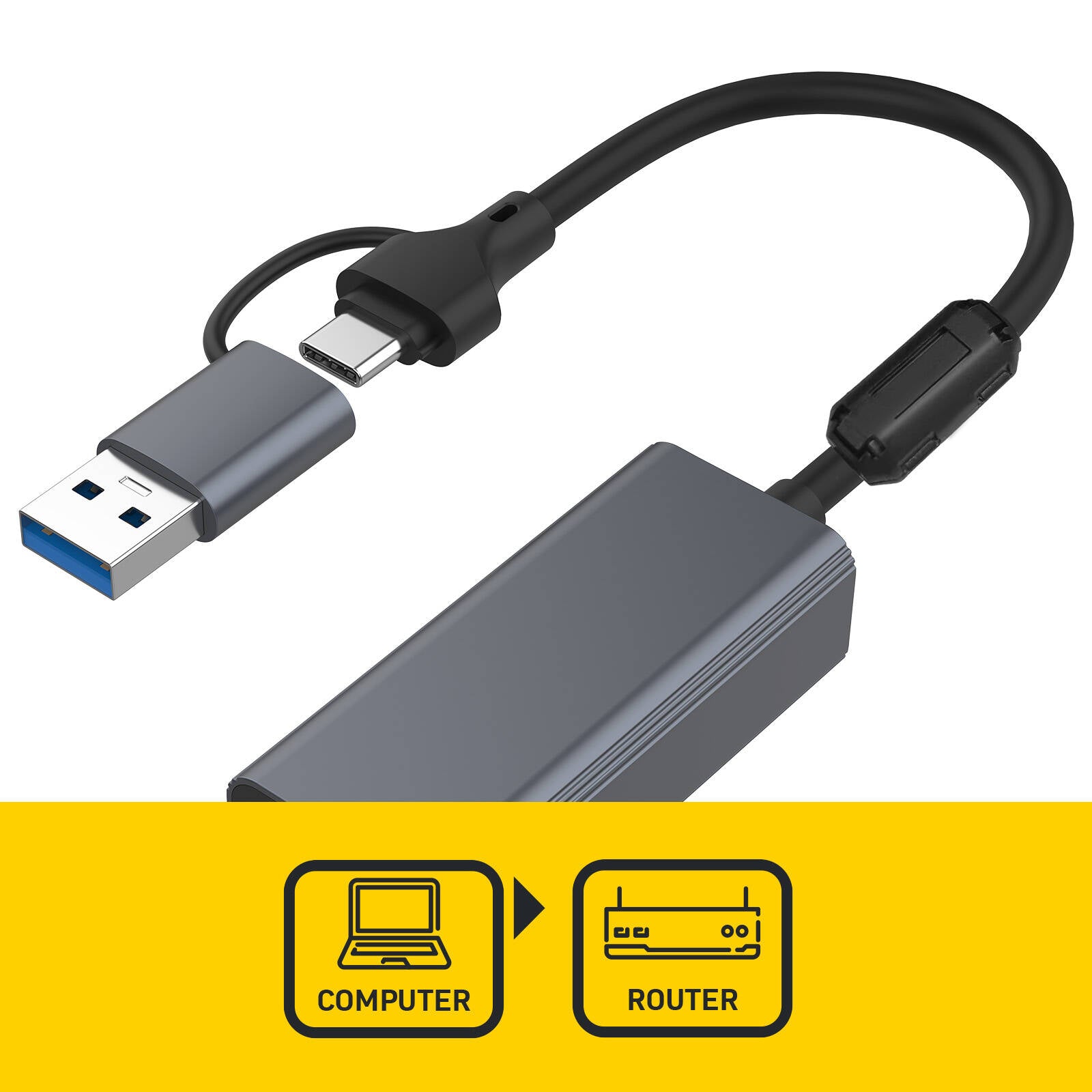 Antsig USB-C / USB-A to Ethernet Adapter AP5812 - Grey Aluminium, Wired Internet