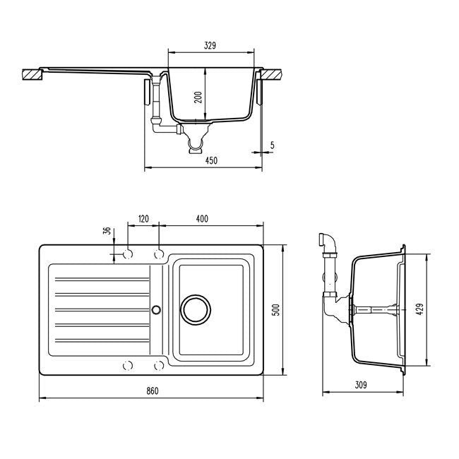 Abey Cristalite Plus single bowl topmount sink with left hand drainer - Croma finish - TD100CR