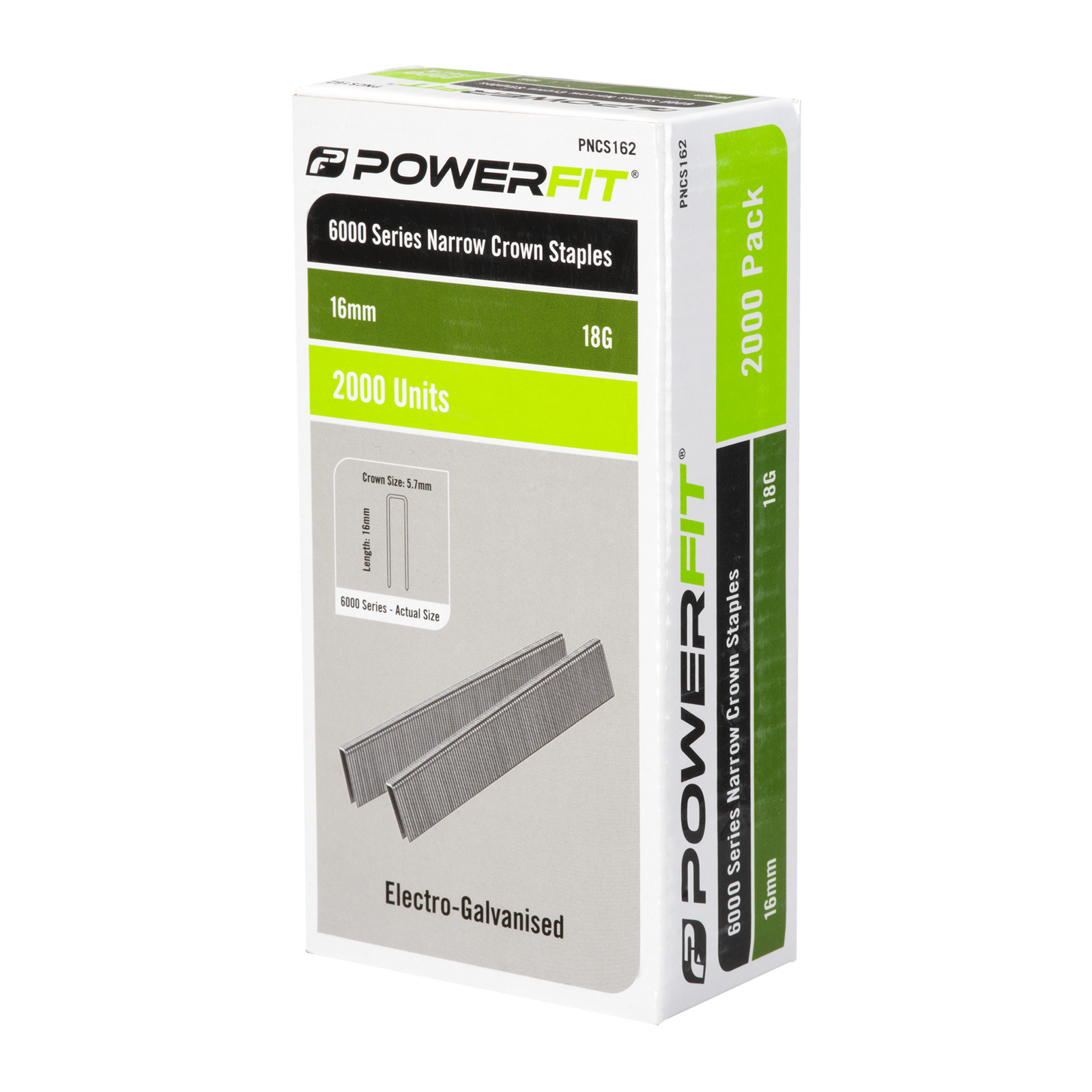 PowerFit 16mm 18 Gauge 6000 Series Electro-Galvanised Narrow Crown Staples - 2000 Pack