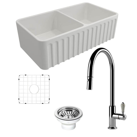 Turner Hastings Novi 85 Double Bowl Butler Sink Pack - Chrome Ludlow Pull Out Mixer Tap - PKG018
