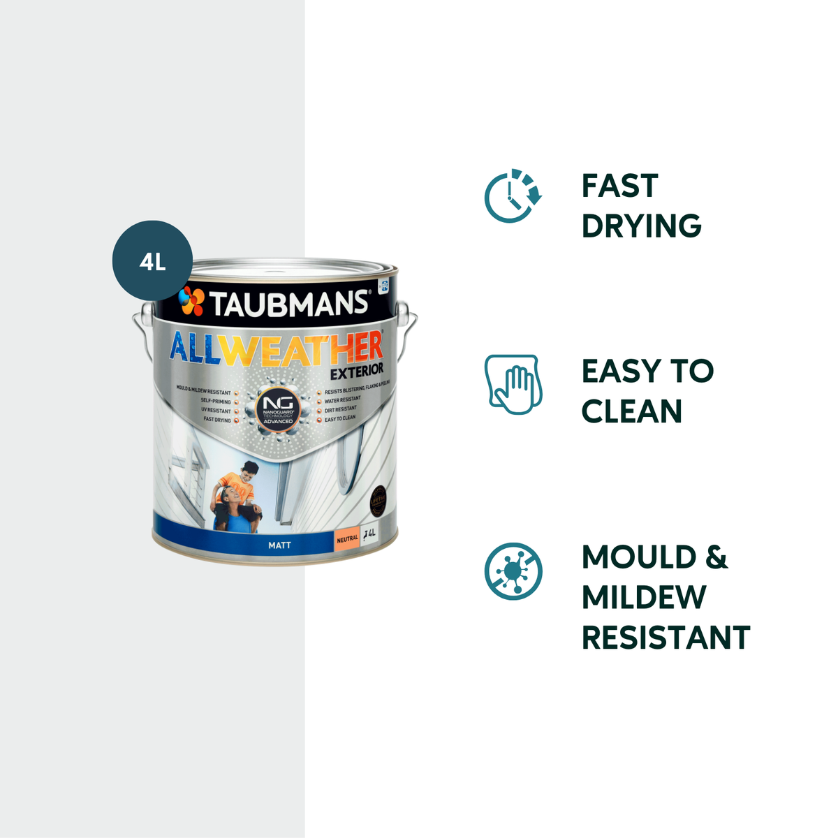 Taubmans 4L Neutral Matt All Weather Exterior Paint - Water Based - Mould Resistant - SuperSaverAU - view 2