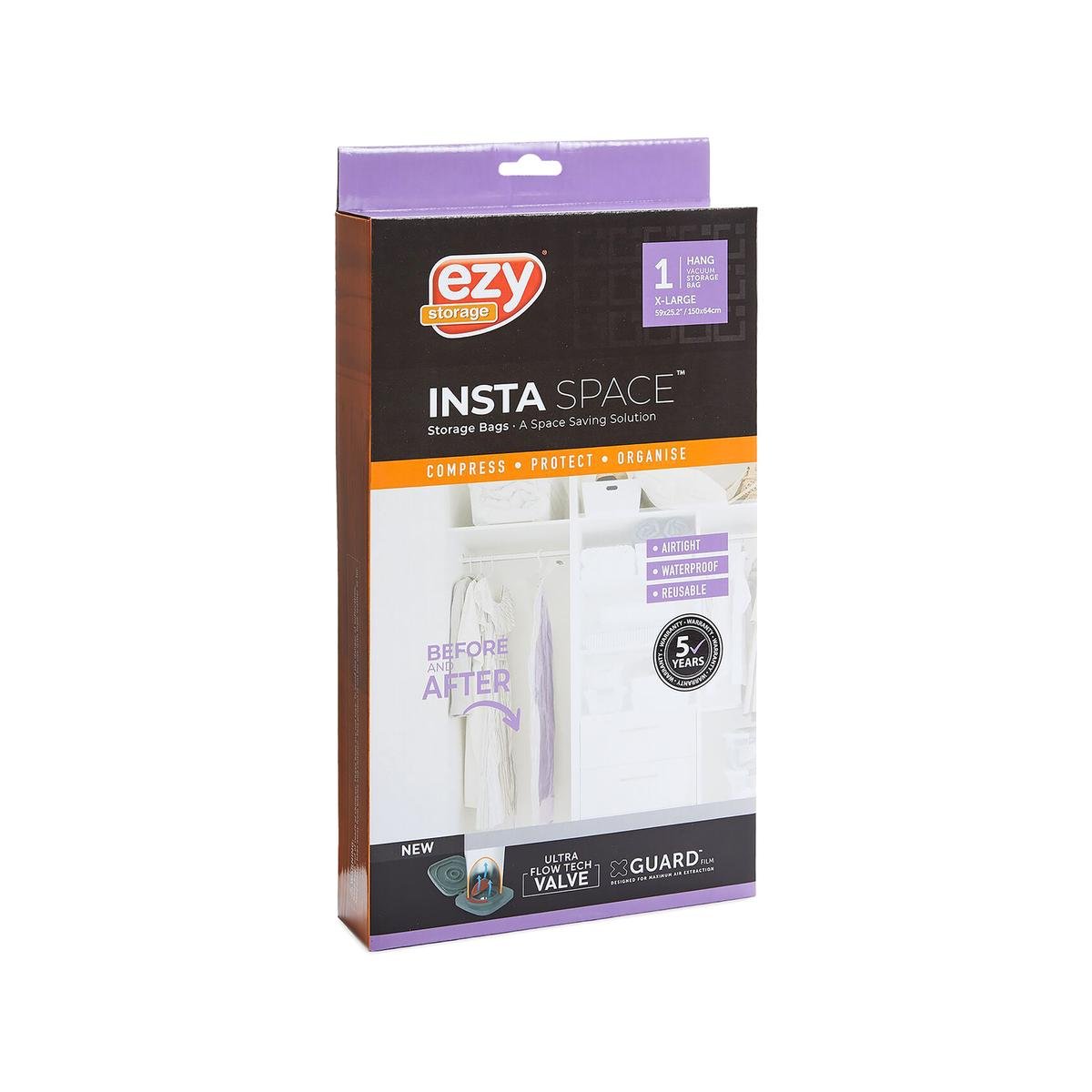 Ezy Storage Large Insta Space Hang Flat Vacuum Bag 1 Pack 640mm x 1500mm - Reusable - Rapid Compression - SuperSaverAU - view 1