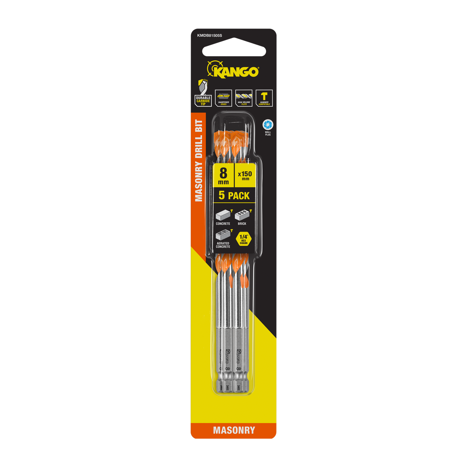 Kango 8 x 150mm Masonry Drill Bit 5 Pack - Carbide Tip, 1/4" Hex Shank