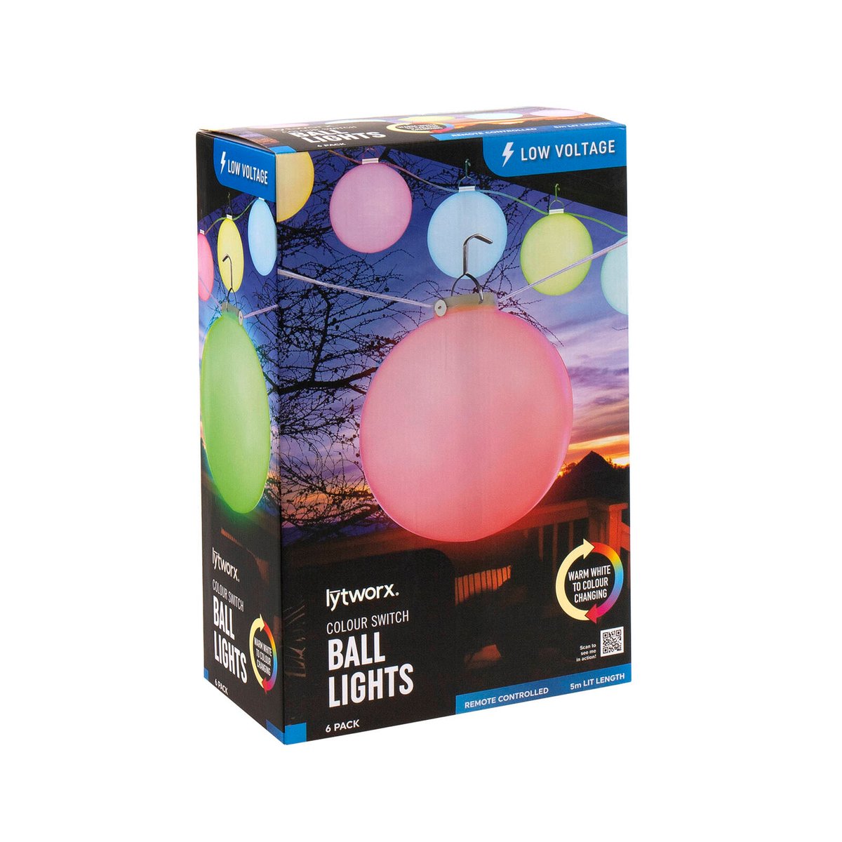 Lytworx 5.9m Colour Switch Ball Lights 6 Pack - RGB & Warm White, Low Voltage Outdoor