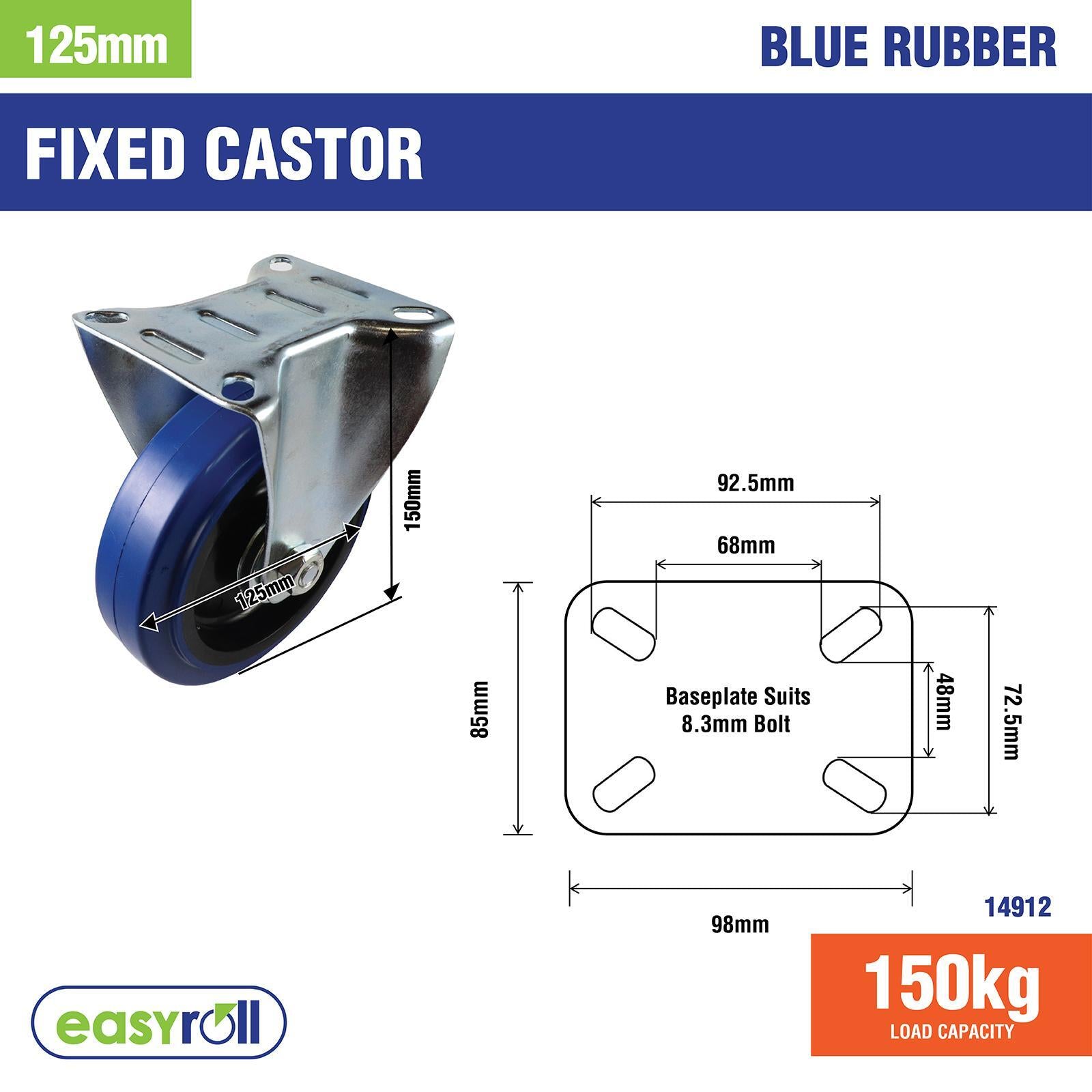 Easyroll 125mm Blue Rubber Fixed Castor 150kg Load Indoor Outdoor