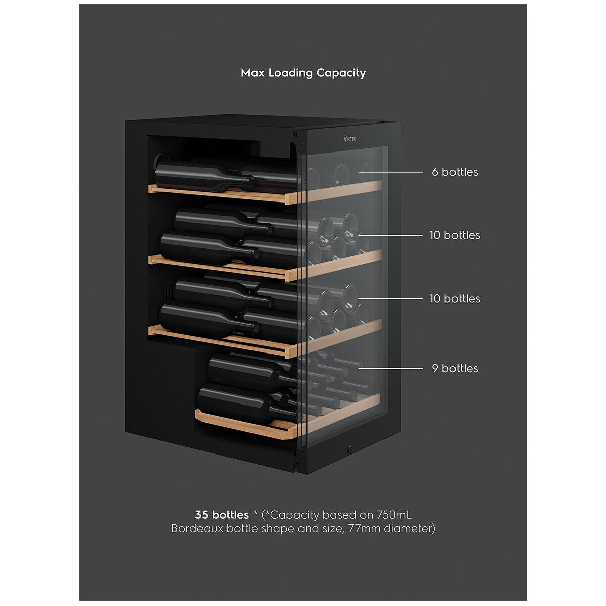 Vintec 35 Bottle Single Zone Underbench Wine Fridge - Black, Triple Glazed Door, Security Lock - VWS830FCB-X