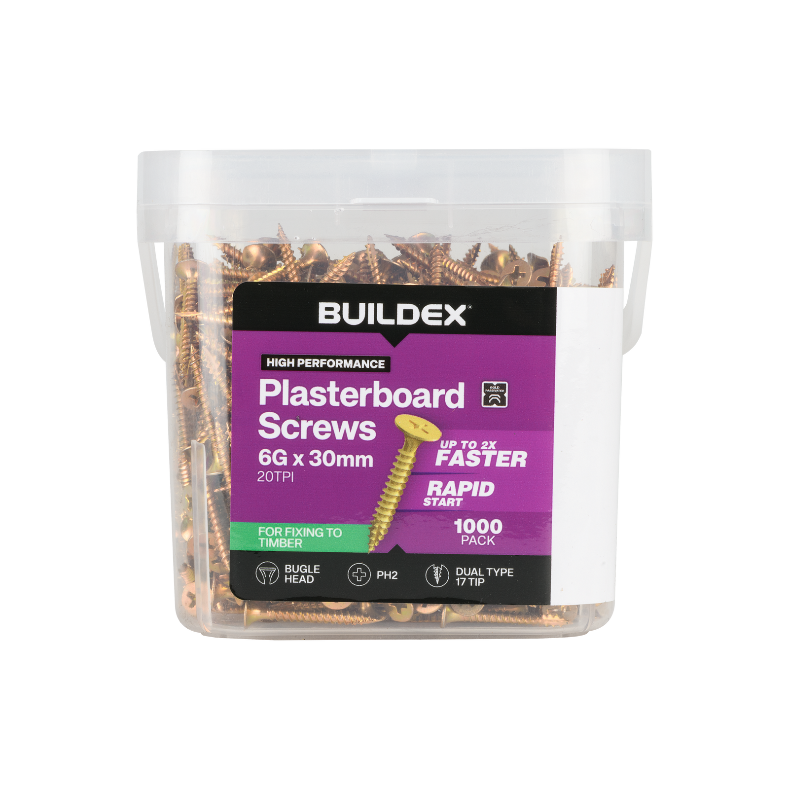 Buildex 6G x 30mm Gold Passivated Bugle Head Plasterboard Screws - 1000 Pack