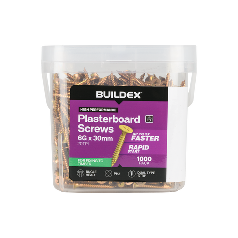 Buildex 6G x 30mm Gold Passivated Bugle Head Plasterboard Screws - 1000 Pack