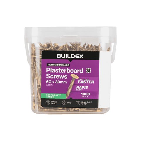 Buildex 6G x 30mm Gold Passivated Bugle Head Plasterboard Screws - 1000 Pack