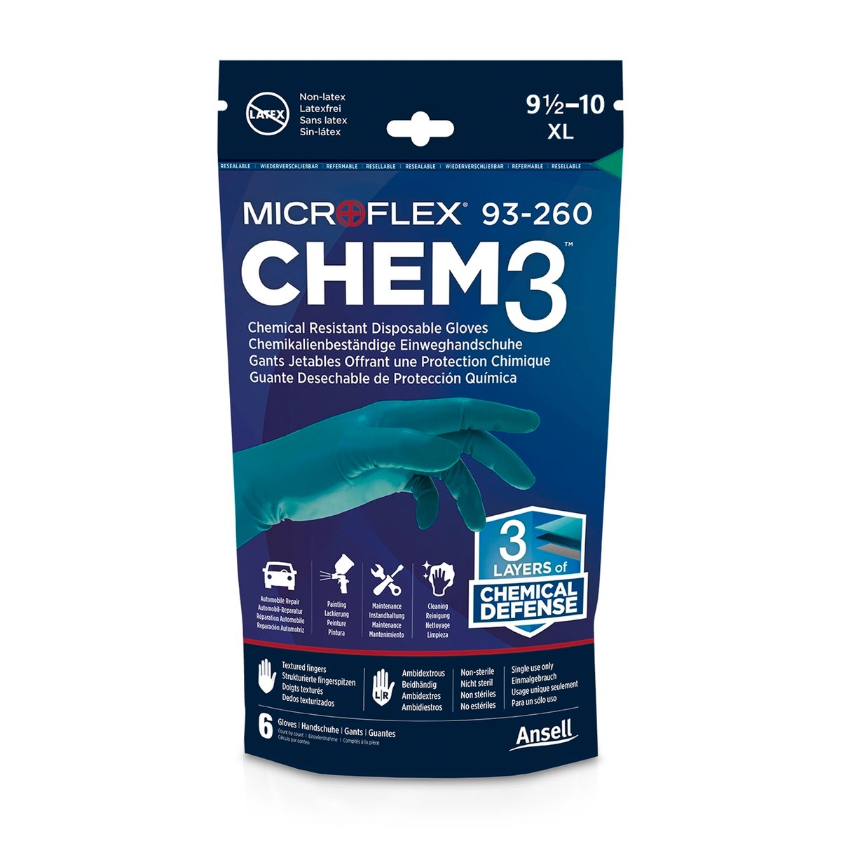 Ansell Microflex Chem3 Chemical Resistant Disposable Gloves XL - 3 Pairs