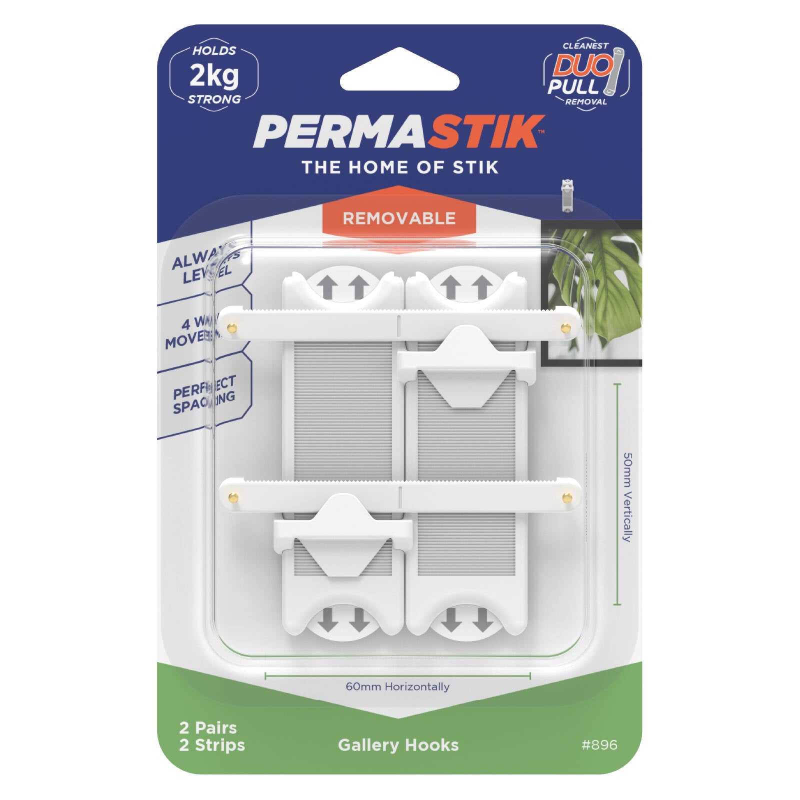 Permastik Adjustable Picture Hook 2 Pack - White Self Adhesive, No Drilling